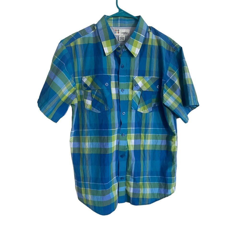 Miskeen Originals Mens Plaid Pleated Pockets Short Sleeve Button-Up Shirt Large